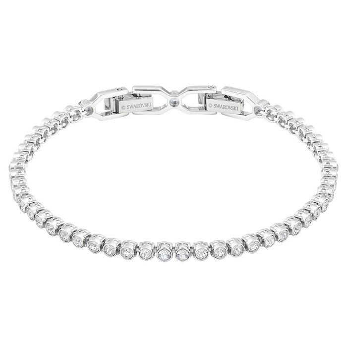 Pulseira da Swarovski prateada com cravação de cristais incolores sobre a malha.