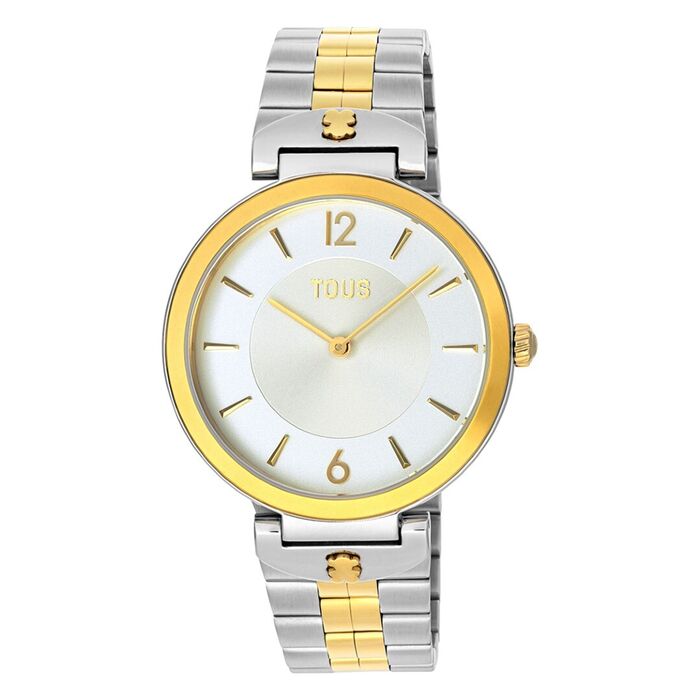 Relógio Tous de bracelete em elos a dourado e prateado com um mostrador analógico branco.
