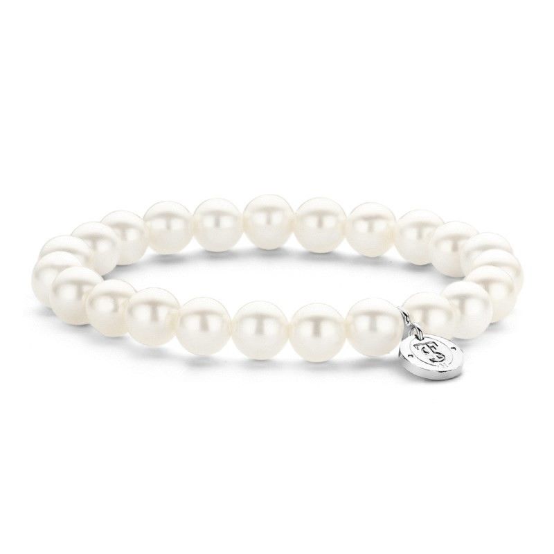 Pulseira Ti Sento com uma malha de pérolas sintéticas e um pendente prateado com o logo da marca.