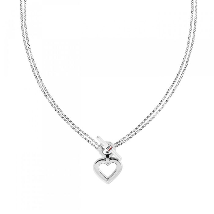 Colar feminino prateado Tommy Hilfiger com um pendente em forma de coração recortado no centro.