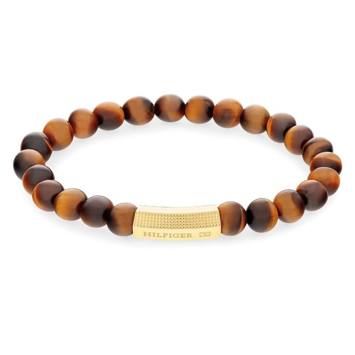 Pulseira Tommy Hilfiger com pedras naturais olho de tigre e uma peça dourada com textura.