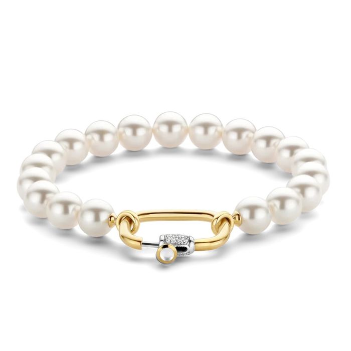 Pulseira Ti Sento com malha de pérolas sintéticas e um fecho dourado em cadeado com zircónias.