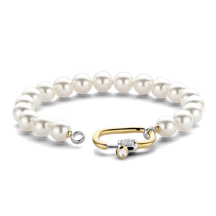 Pulseira Ti Sento com malha de pérolas sintéticas e um fecho aberto dourado em cadeado com pedras.