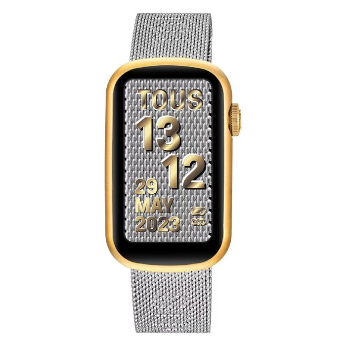 Relógio smartwatch da Tous com bracelete milanesa prateada e uma caixa vertical com ecrã tátil.