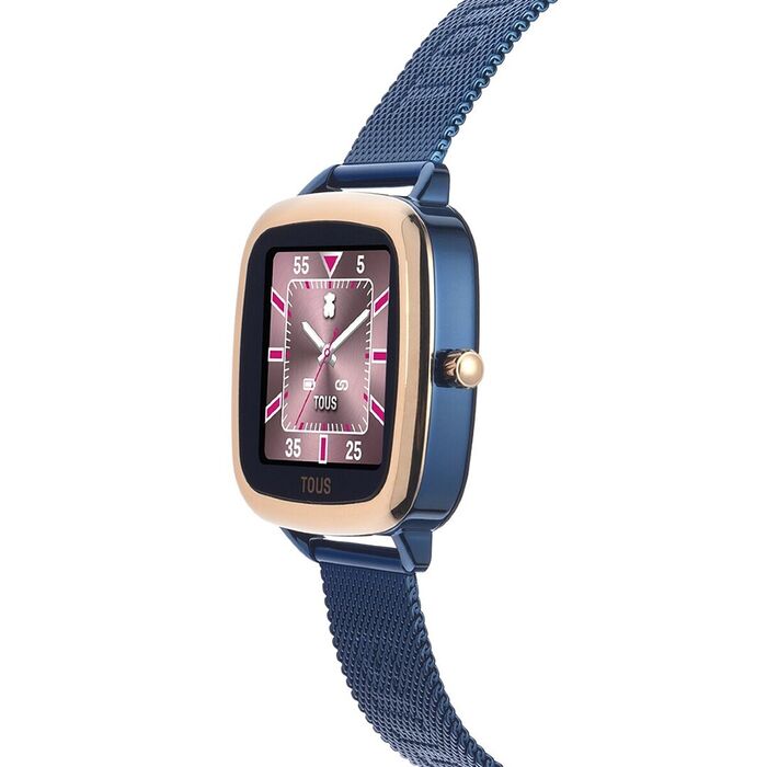 Vista de perfil de Smartwatch de bracelete e caixa azul e mostrador de ponteiros digitais. 