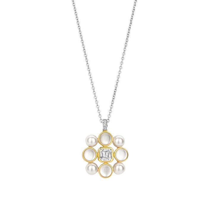 Colar Ti Sento prateado com uma medalha adornada de madrepérola, pérolas sintéticas e zircónias.