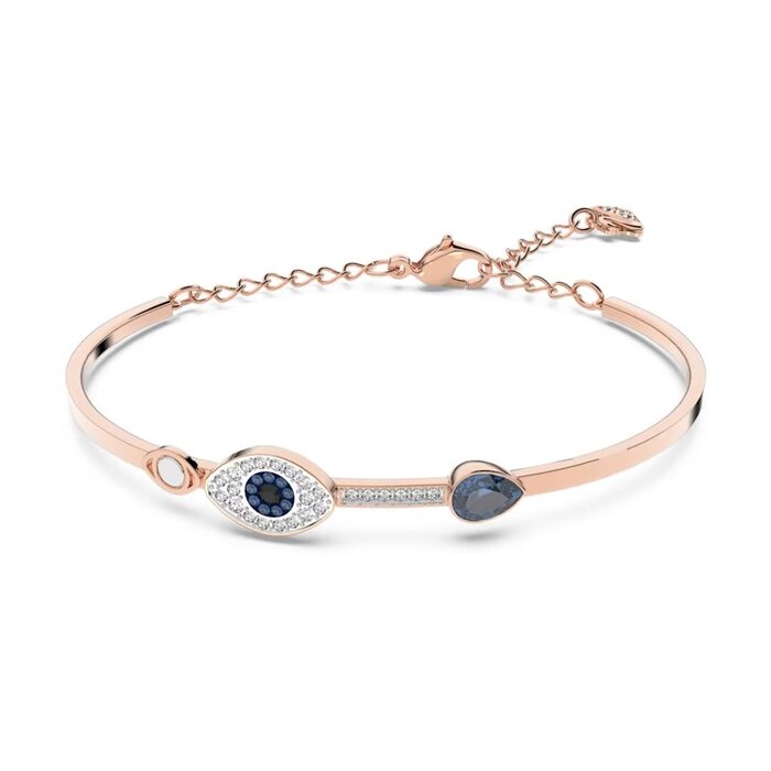 Pulseira Swarovski em rose gold com cristais cravados e a forma de um olho com pedras coloridas.