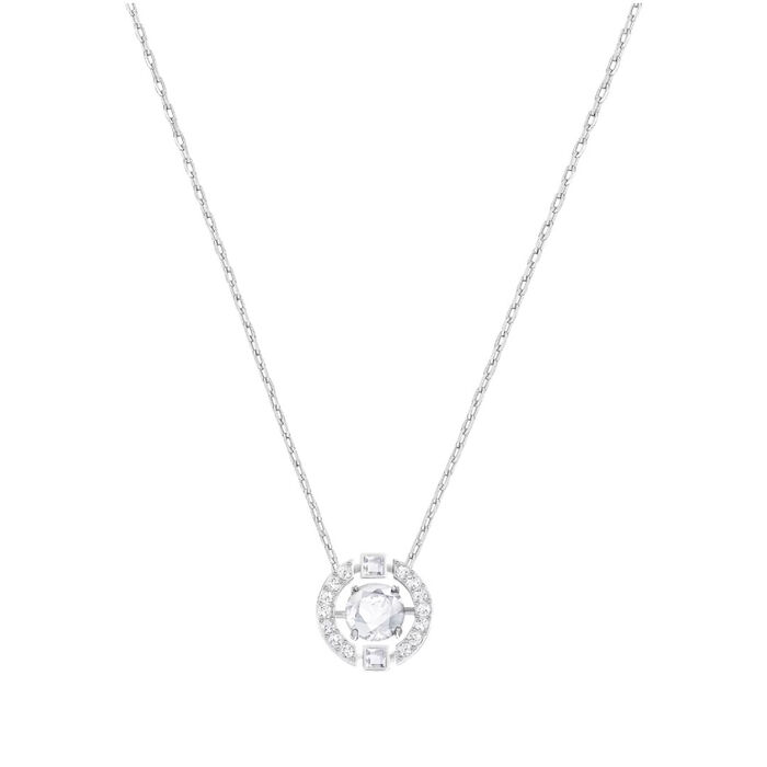 Colar prateado Swarovski com um pendente circular com um cristal no centro e pedras à volta.