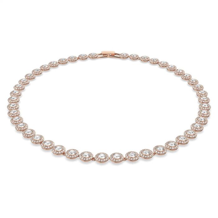 Colar rose gold da Swarovski com bases circulares cravadas de pedras incolores no centro e à volta.