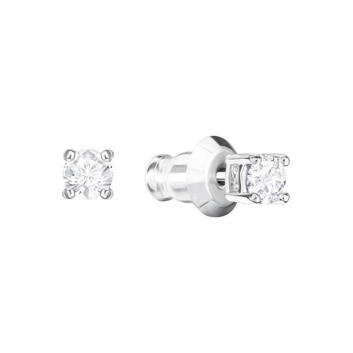 Brincos prateados com um cristal Swarovski circular engastado em garras.