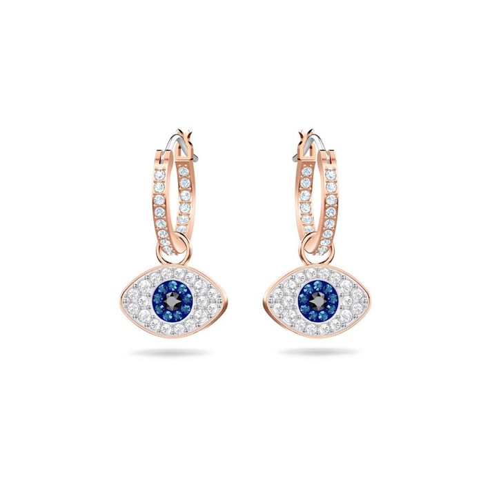 Argolas Swarovski rose gold com pedras e um pendente de um olho com pedras brancas, azuis e pretas.