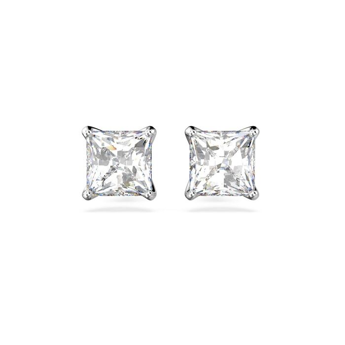 Brincos prateados Swarovski com um cristal quadrangular incolor engastadas em garras.