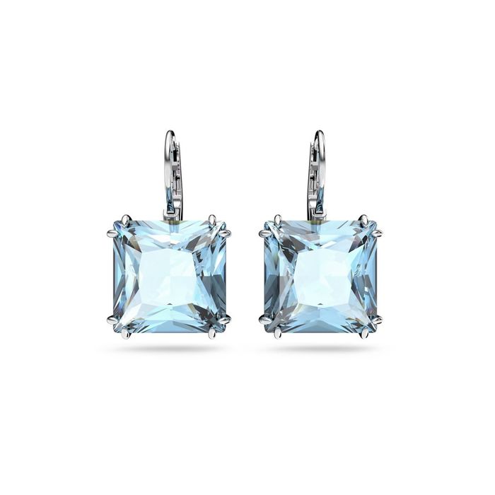 Brincos Swarovski prateados em formato argola com um cristal quadrangular azul.