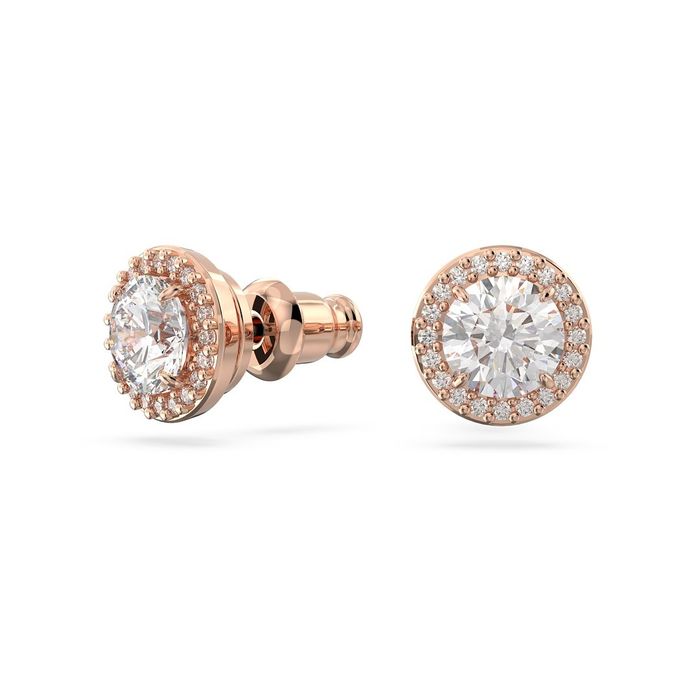 Brincos rose gold da Swarovski com cristais incolores à volta de uma pedra circular no centro.