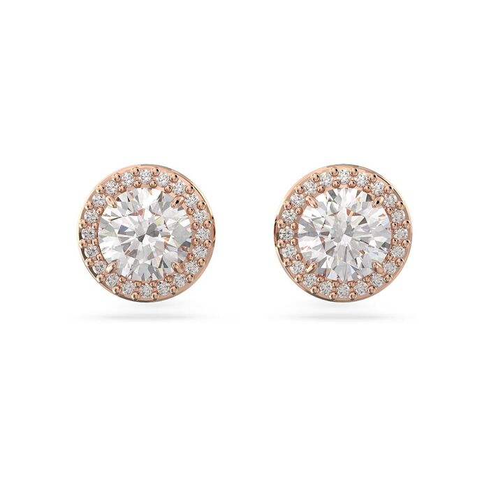 Brincos rose gold da Swarovski,de frente, com cristais incolores à volta de uma pedra no centro.