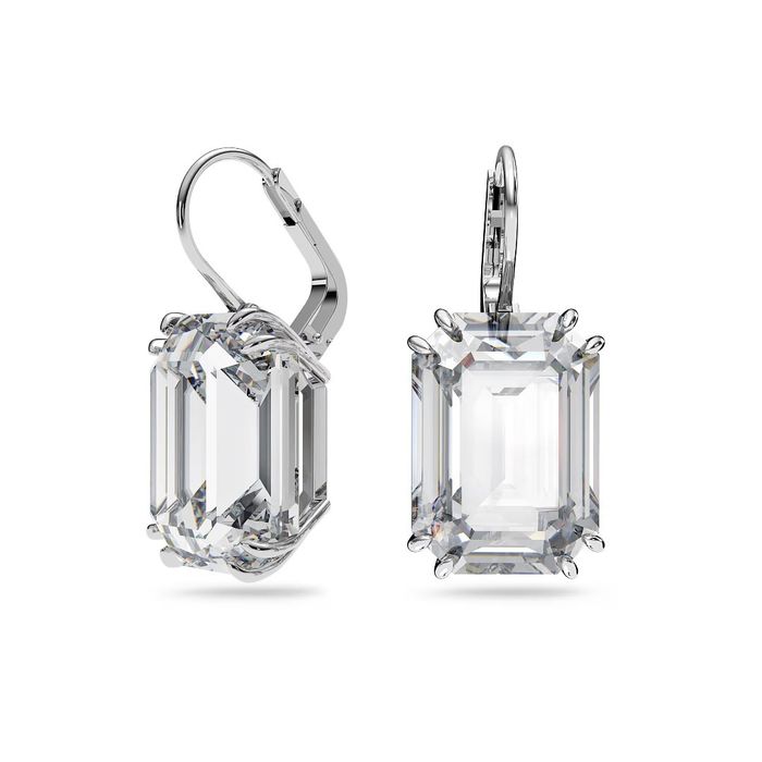 Brincos Swarovski, de frente e lado, com cristais incolores octogonais em engastes de garras.