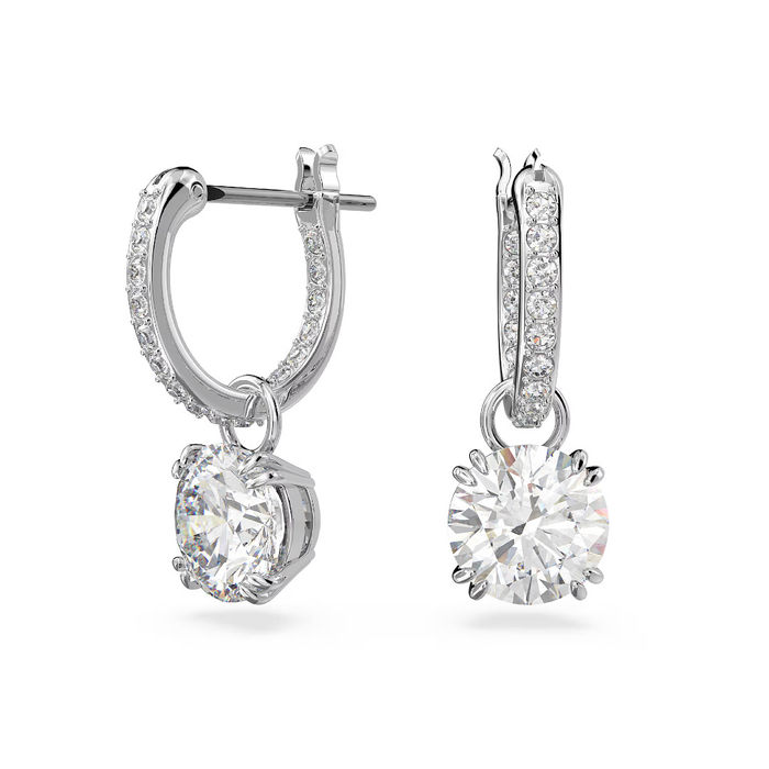 Argolas prateadas Swarovski com cristais e com um pendente circular com uma pedra incolor.