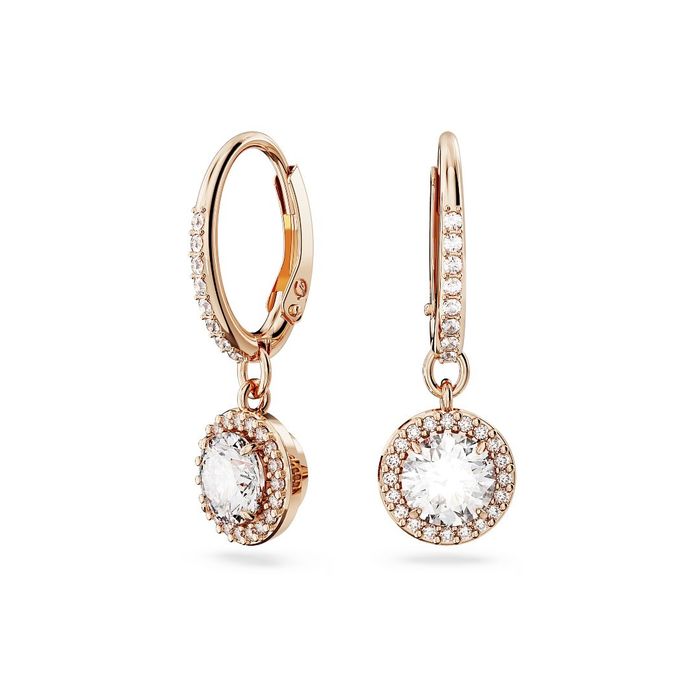Argola rose gold Swarovski com um pendente circular com cristais incolores no centro e à volta.