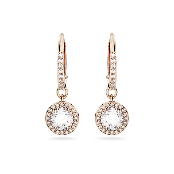 Argola rose gold Swarovski, de frente, com um pendente circular com cristais incolores.