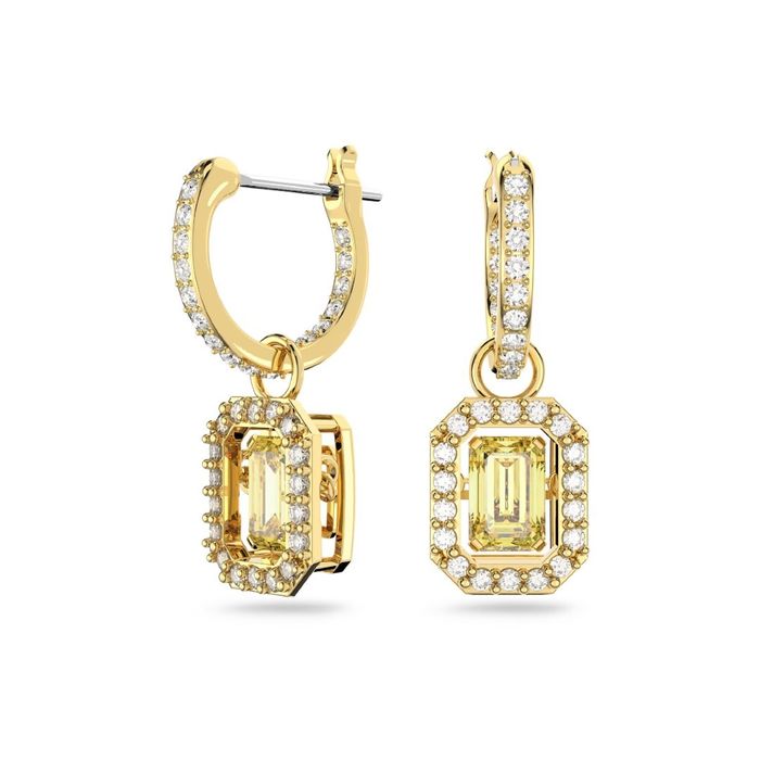 Argolas douradas da Swarovski com um pendente octogonal com cristais e uma pedra amarela no centro.
