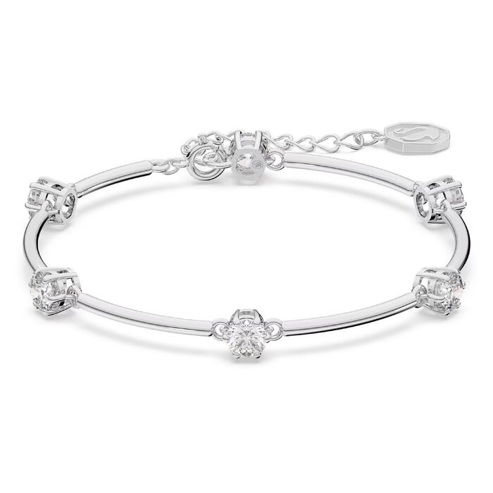 Pulseira prateada Swarovski com bases com cristais circulares engastadas em garras.