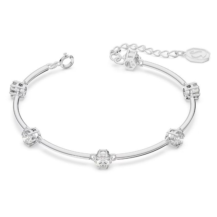 Pulseira prateada Swarovski, com o fecho aberto, com cristais circulares engastadas em garras.