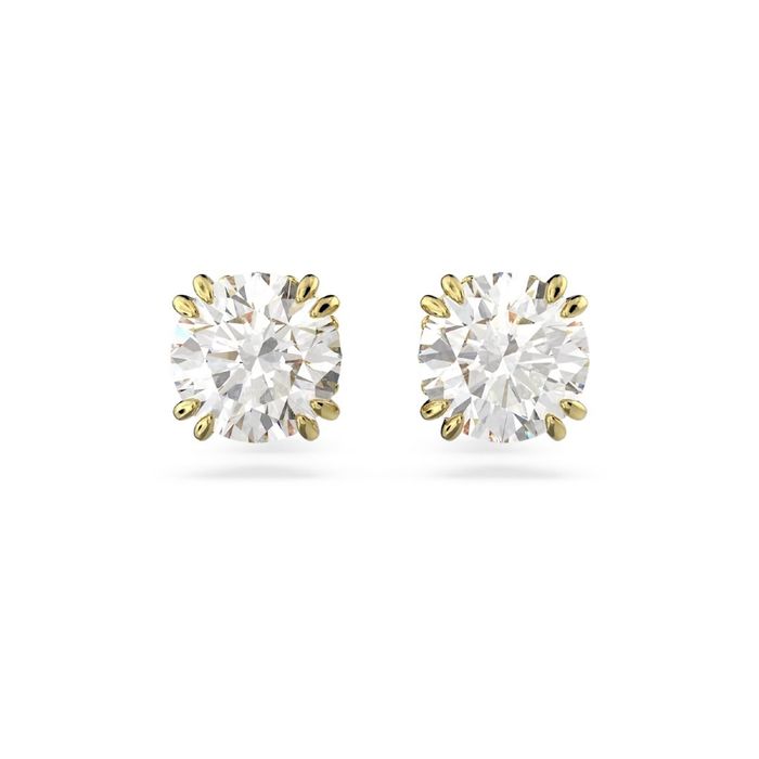 Brincos dourados Swarovski, de frente, com um cristal incolor engastado em garras.