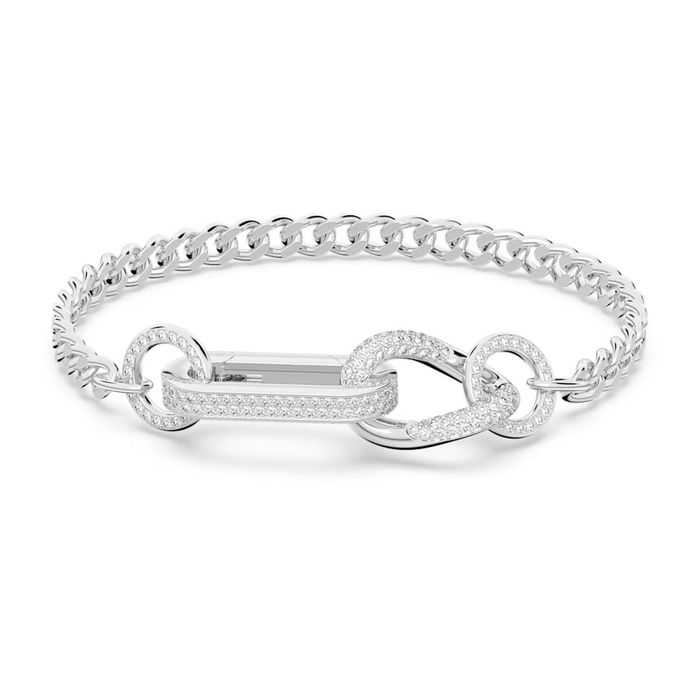 Pulseira Swarovski prateada com um fecho em elo alongado com formas circulares cravados de cristais.
