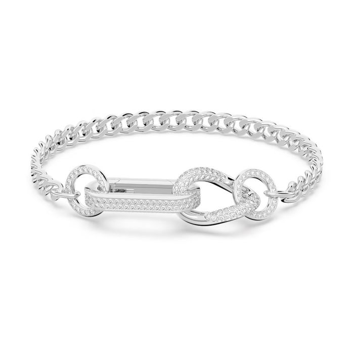 Pulseira Swarovski prateada com um fecho em elo alongado com formas circulares cravados de cristais.