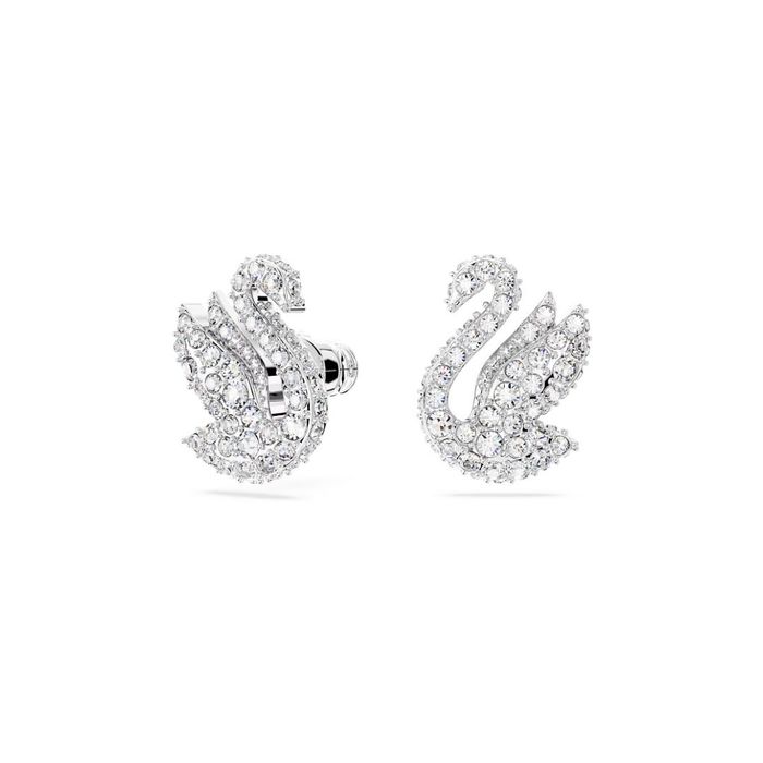 Brincos Swarovski prateados, de frente e lado, com dois cisnes cravados de cristais incolores.