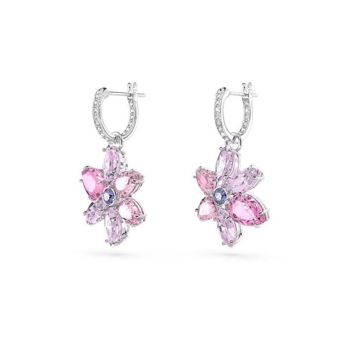 Argolas prateadas Swarovski com um pendente em forma de flor com as pétalas em cristais rosas.