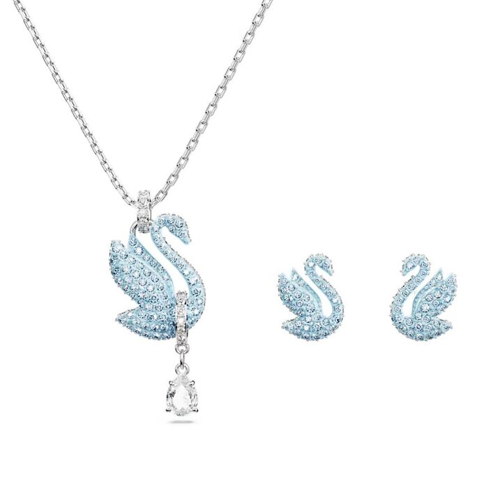 Conjunto Swarovski de um colar com pendente e brincos em forma de cisnes cravados de cristais azuis.