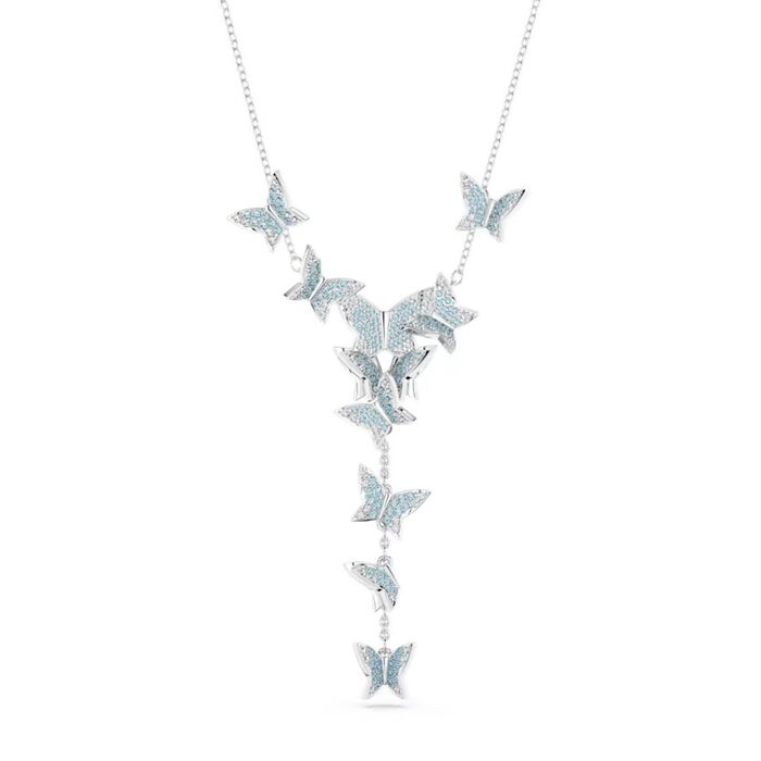 Colar prateado Swarovski com um pendente de várias borboletas com as asas com cristais azuis.