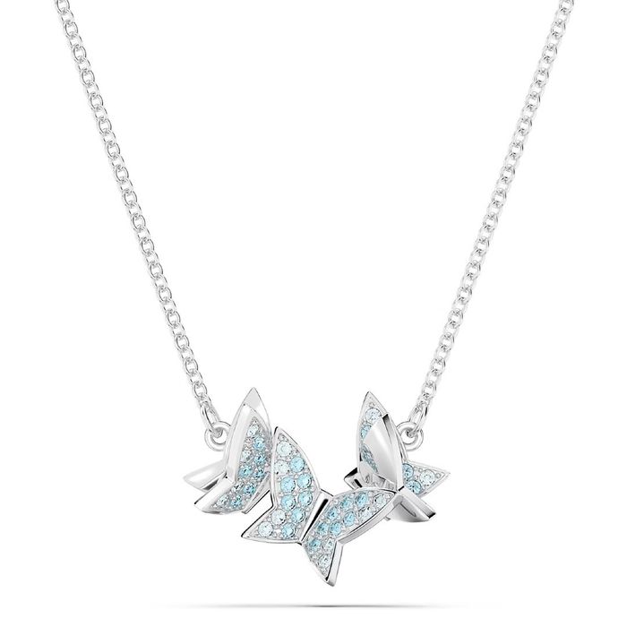 Colar prateado Swarovski com um pendente de três borboletas com as asas cravadas de cristais azuis.