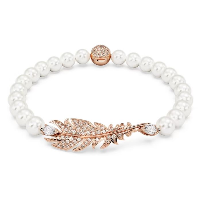 Pulseira Swarovski com uma malha com pérolas e a forma de uma pena rose gold cravada de cristais.