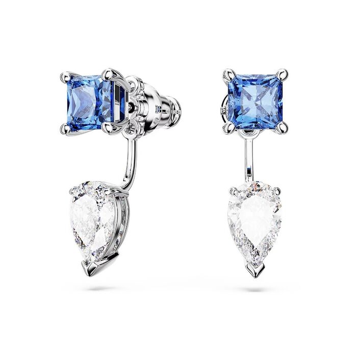 Brincos prateados Swarovski com um cristal azul acima de uma pedra incolor em gota.