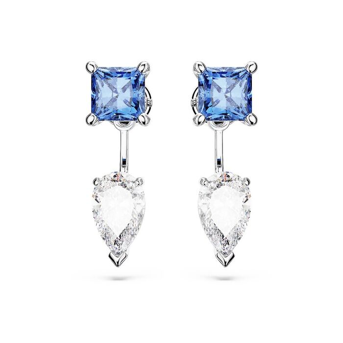 Brincos prateados Swarovski, de frente, com um cristal azul acima de uma pedra incolor em gota.