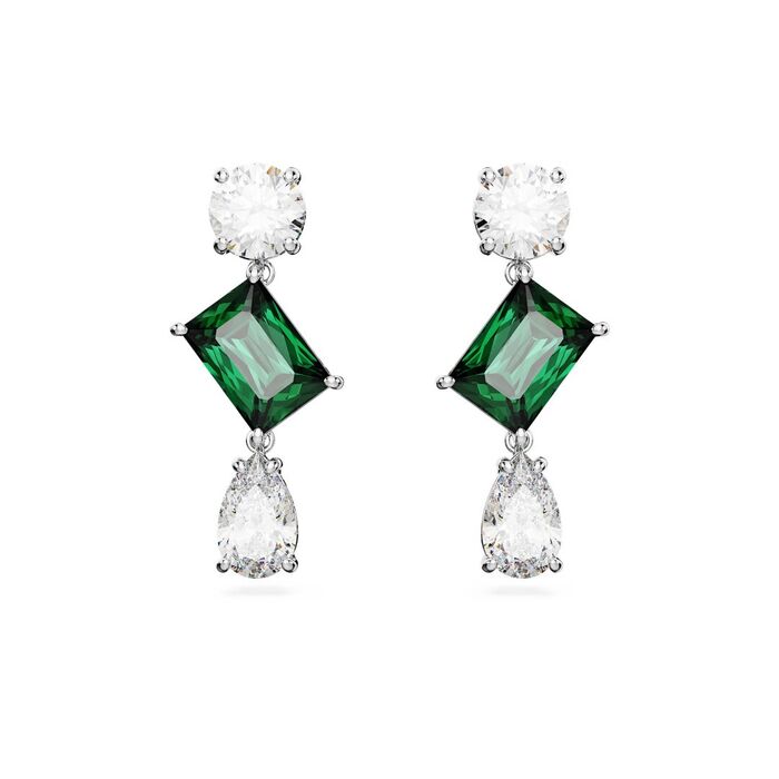 Brincos Swarovski de base prateada com dois cristais incolores e uma pedra verde retangular central.