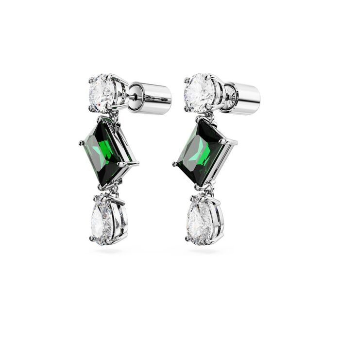 Brincos Swarovski prateados, de lado, com dois cristais incolores e uma pedra verde no centro.