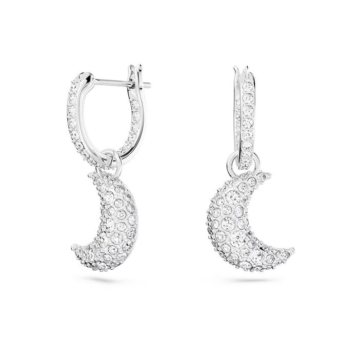 Argolas Swarovski prateadas com um pendente de luas cravadas de cristais incolores.