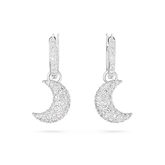 Argolas Swarovski prateadas, de frente, com um pendente de luas com cristais incolores.