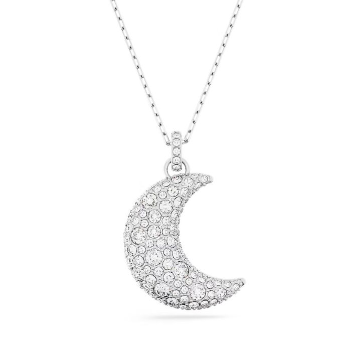 Colar prateado Swarovski com um pendente de uma lua com cristais brancos cravados.