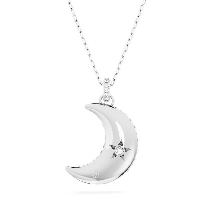 Vista traseira do colar prateado Swarovski com uma lua com um cristal num molde em estrela.