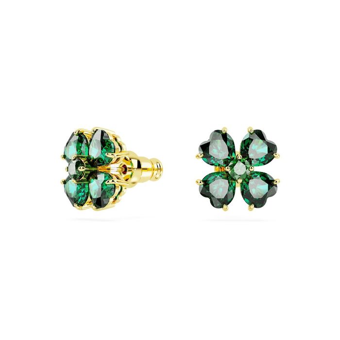 Brincos dourados Swarovski com a forma de um trevo de quatro folhas com cristais verdes nas pétalas.