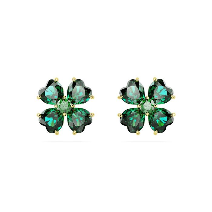 Brincos dourados Swarovski, de frente, com a forma de um trevo de quatro folhas com cristais verdes.
