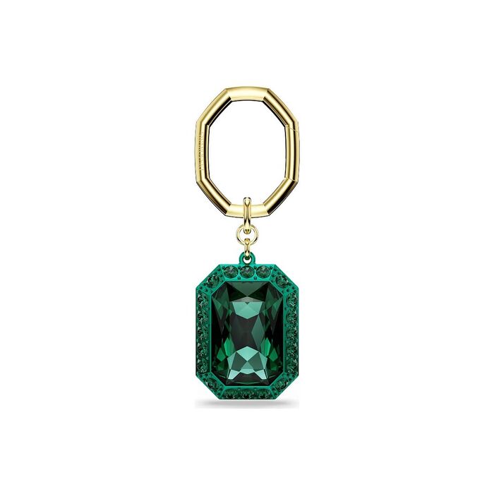 Porta-chaves dourado Swarovski com um pendente com cristais verdes e uma pedra maior no centro.
