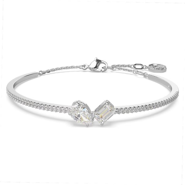 Pulseira prateada da Swarovski cravada de cristais e com duas pedras incolores no centro.
