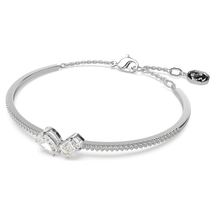 Pulseira prateada da Swarovski,de lado, cravada de cristais e com duas pedras incolores no centro.