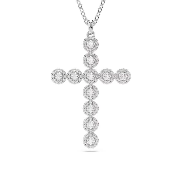 Colar prateado Swarovski com um pendente em forma de cruz com bases circulares cravadas de cristais.