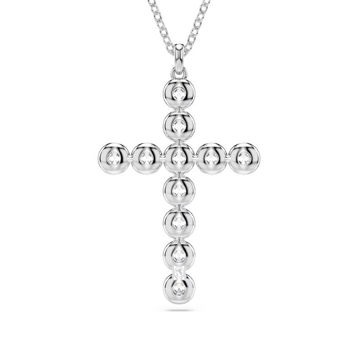 Vista traseira de um colar prateado Swarovski com um pendente em cruz com bases circulares polidas.